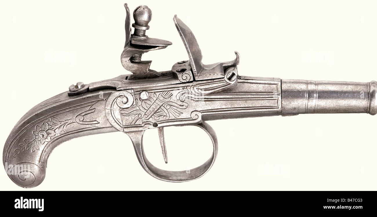 Un paio di pistole tascabili all-metal flintlock, Liegi alla fine del 18th secolo. Canne a vite rigate con camme in calibro 9 mm. La scatola in ferro blocca e butta con incisioni di fiori e fasci di trofei sui lati. Lunghezza di ogni 15,5 cm. Storico, storico, 18th secolo, pistola civile, pistole civili, palmare, pistola, armi da fuoco, arma da fuoco, armi da fuoco, armi da fuoco, armi da fuoco, armi, arma, braccio, oggetto, oggetti, alambicchi, clippings, taglio, taglio, taglio, Foto Stock