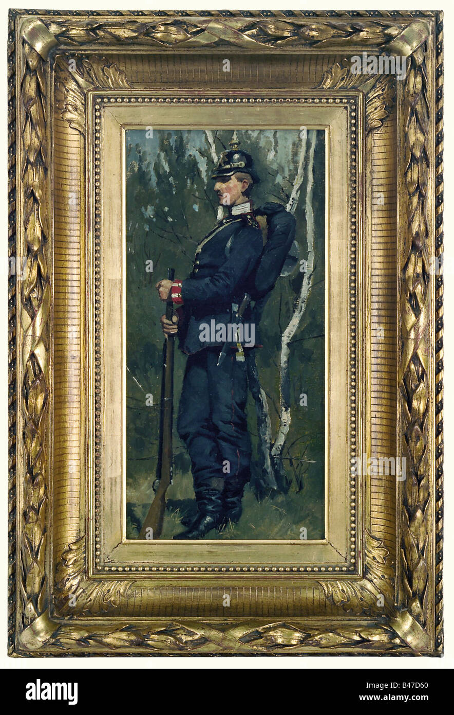 Hünten max (1869 - 1936) - Granatiere sassone., olio su tela. Un granatiere con kit di marching band e il fucile in un boschetto di betulle. Non firmate. 42 x 20,5 cm. In una pesante cornice dorata, 62 x 42 cm. Hünten Max, figlio del famoso pittore battaglia Emil Hünten (1827-1902), ha frequentato da 1888 alternativamente l'Accademia di Düsseldorf e l'Accademia Julian a Parigi ed è noto per il suo storico, genere militare e scene di caccia. Ha esposto al Salone di Düsseldorf, la maggiore Berlino Arte Fiera e il MONACO Palazzo di Vetro in belle arti, persone del XIX secolo, in Sassonia, Sassonia, artista del diritto d'autore non deve essere cancellata Foto Stock