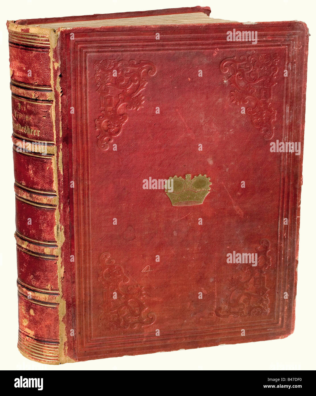 'AS Deutsche Bundesheer...', 260 litografie colorate a mano di H.A. Eckert e D. Monten 1838. Contiene 42 piatti per l'Austria e 48 per la Prussia insieme a 6 di Sachse/Schulz, 7 per la Baviera, 23 per la Sassonia, 16 per Hannover, 7 per Württemberg, 20 per Assia-Kassel, 9 per Assia-Darmstadt, 13 per Holstein, 2 per Oldenburg, 16 per Mecklenburg-Schwerin, 14 per Brunswick, 8 per Nassau, 3 per Weimar, 3 per Coburg Gotha, 2 per Strelitz, 4 per Anhalt e 17 per altri stati più piccoli. In un vecchio mezzo-cuoio legando dalla biblioteca dei principi Ysenberg. Storico, istor, Foto Stock