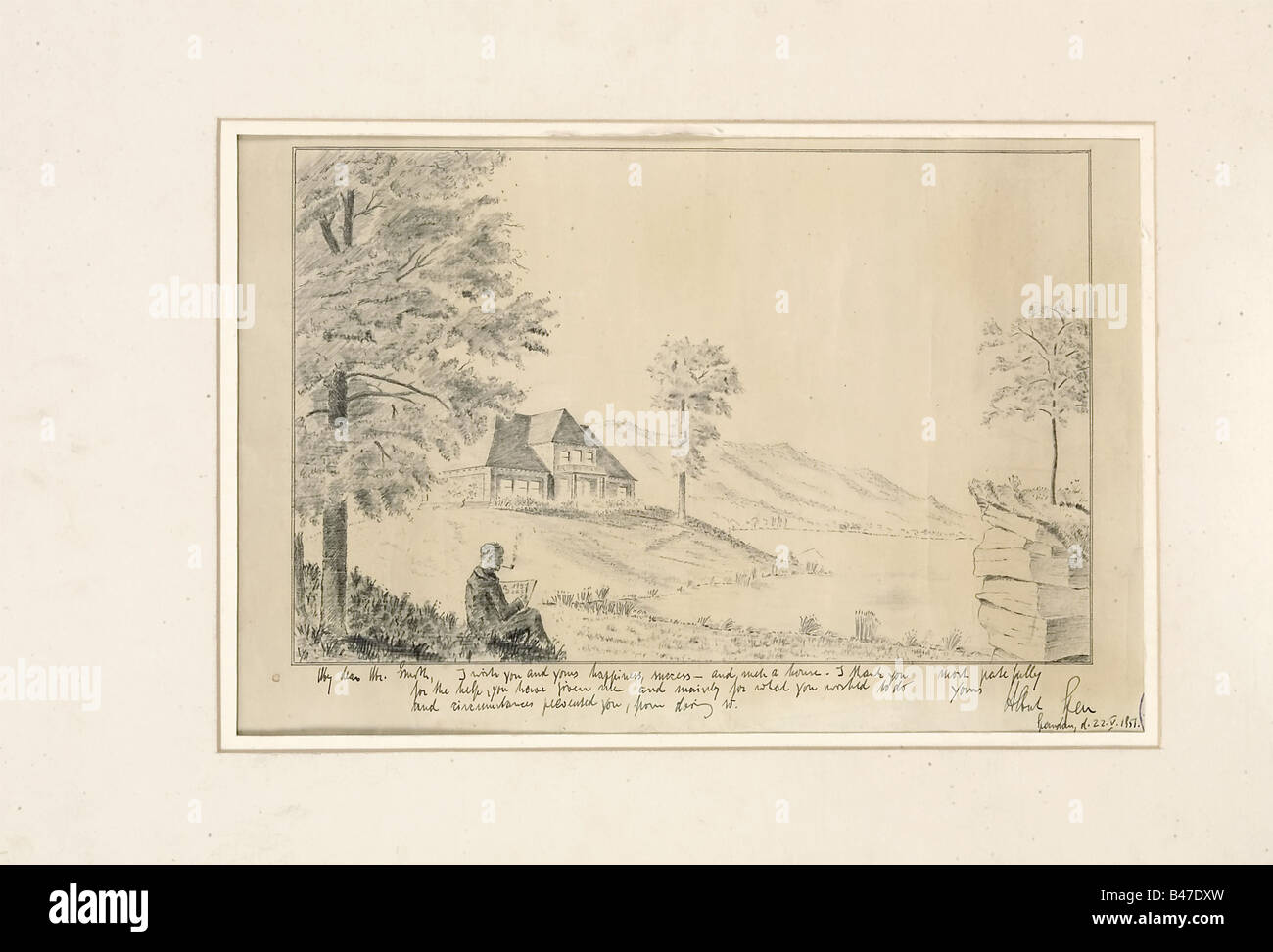 Albert Speer - un disegno a matita, prodotto nella prigione militare Spandau-Berlino, siglato 'AS' e datato 20 maggio 1951. Matita su carta. Immagine idilliaca di una casa nobile in un parco su una riva. Autoritratto di Speer in basso a sinistra, seduto e tenuto uno sketchpad, con le iniziali dell'artista 'AS' e la data, '20 V.20'. Sotto di esso, c'è una lunga dedizione nell'inchiostro, scritto in sua mano: 'Mio caro Sig. Smith, auguro a voi e alla vostra felicità, successo - e una tale casa. Vi ringrazio molto con gratitudine per l'aiuto che mi avete dato e soprattutto per quello che yo, Foto Stock