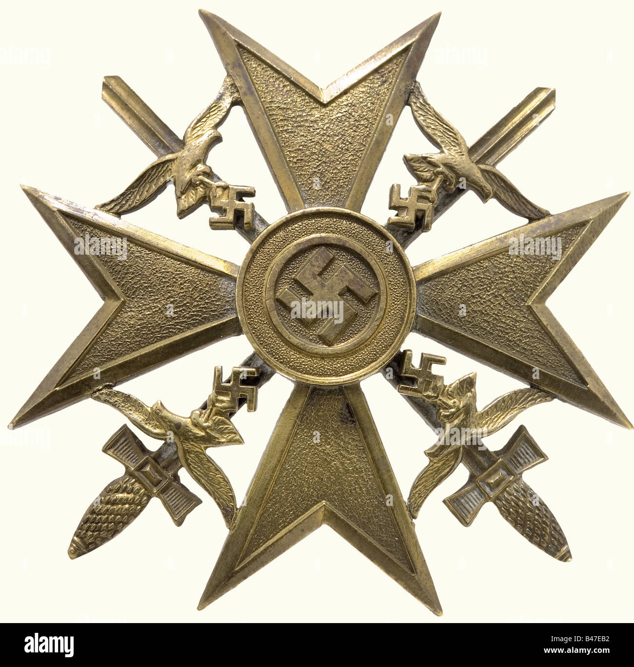 Ordini e documenti Del Personale sergente Nicolaus Lechner., Distintivo Serbatoio della Legione Condor in argento, stampato cavo, perno sostituito contemporaneamente, una delle sezioni di foglia inferiore rotto. Incluso il documento premio del 17 giugno 1940 con firma d'inchiostro 'Oberst von Thoma'. Danni, piccoli intaccature. Croce spagnola in bronzo con spade, metallo non ferroso scuro e il premio documento (danneggiato, bussato e nick) del 6 giugno 1939 con sigillo cieco-stampato. Medaglia di campagna spagnola con documento di riconoscimento a colori, Classe 2nd War Merit Cross con spade e Classe 2nd Iron Cross, Foto Stock