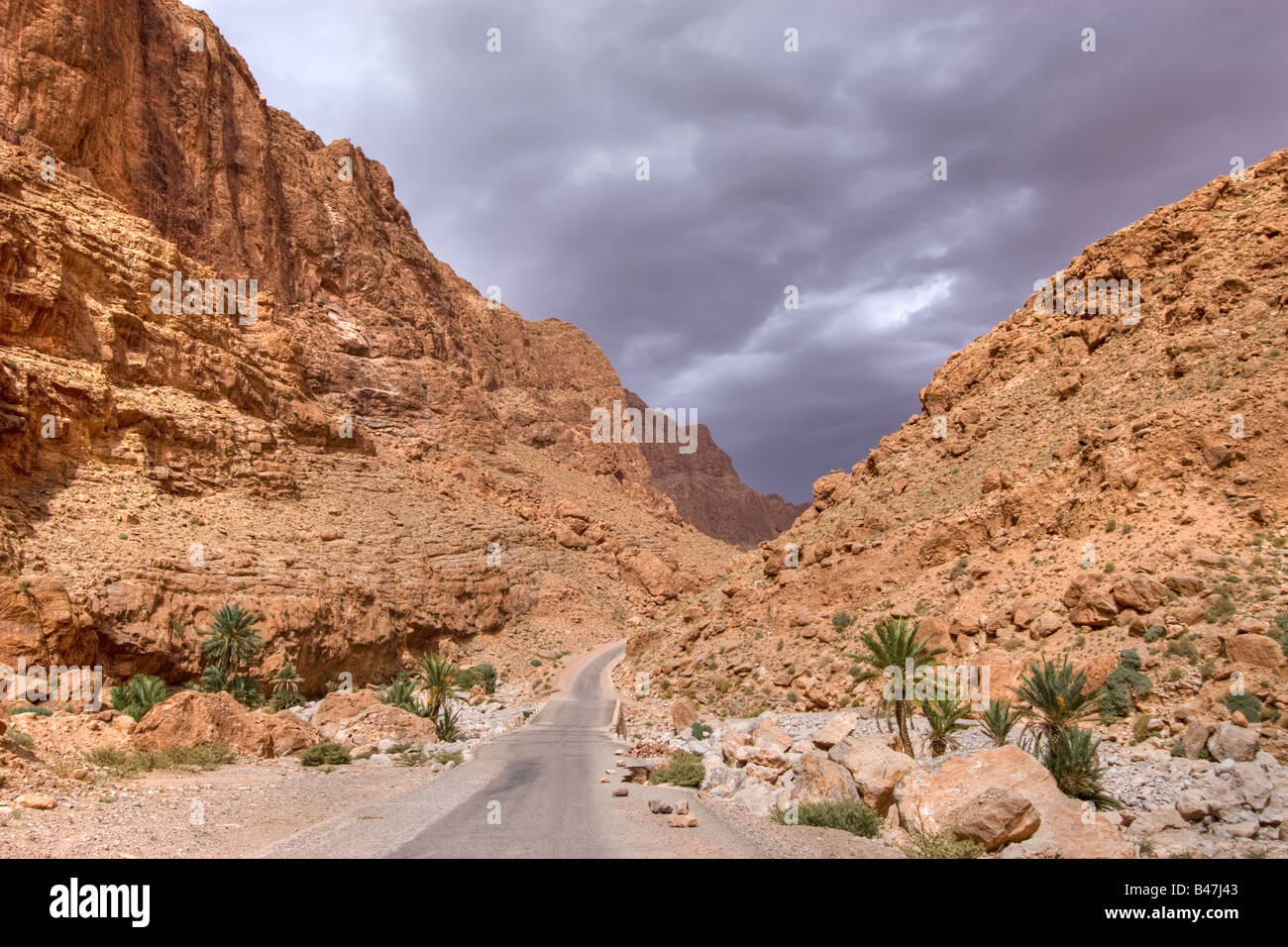 Tempesta drammatico sky in roccia selvaggia desertica Valle del Todra Marocco Foto Stock