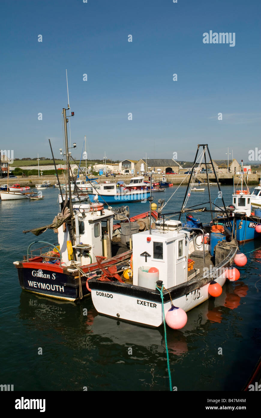 Barche da pesca legato in West Bay Harbour, vicino a Bridport, Dorset, England, Regno Unito Foto Stock