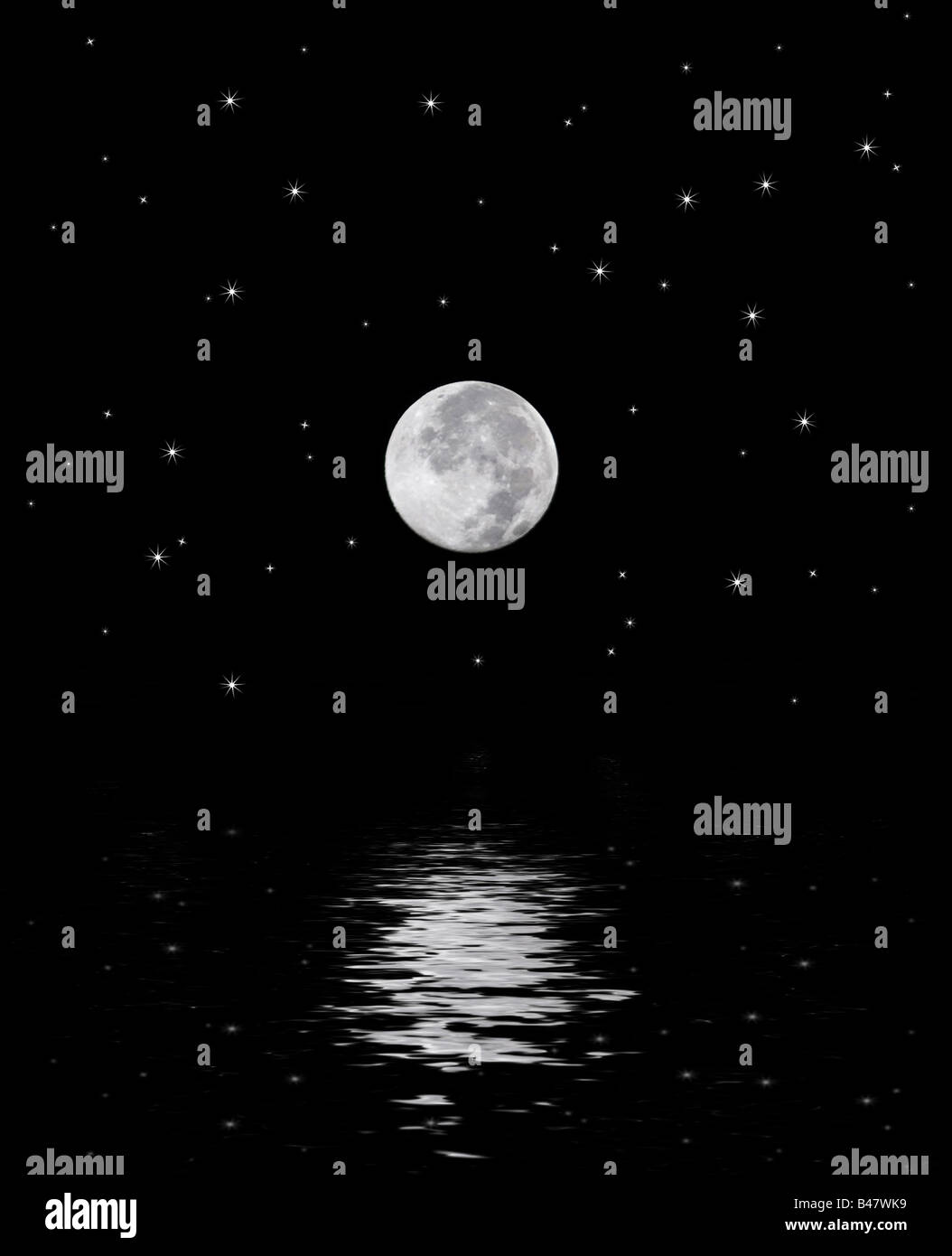 Una bella Harvest Moon su una stella riempito il cielo che si riflette sull'acqua Foto Stock