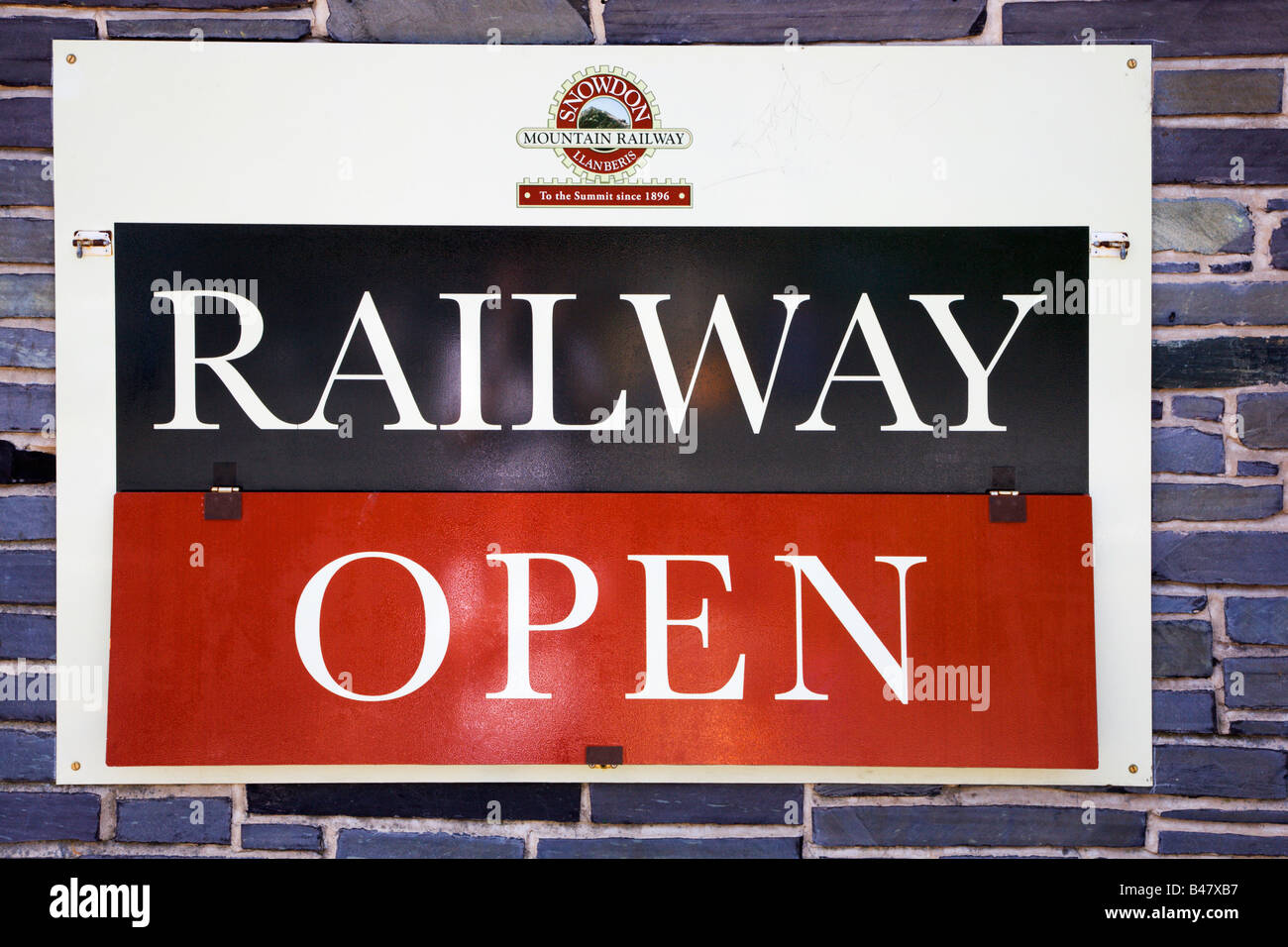 Snowdon Mountain Railway segno Llanberis Snowdonia nel Galles Foto Stock