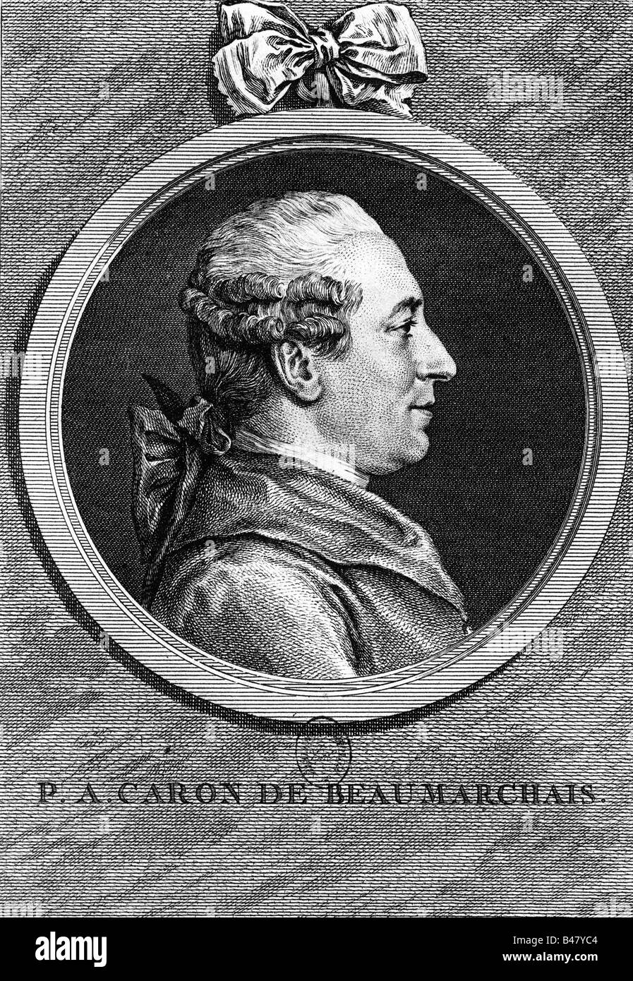 Beaumarchais, Pierre Augustin Caron de, 24.1.1732 - 18.5.1799, autore francese / scrittore, ritratto in frame, sideface, collotipia dopo cooper incisione di Auguste de Saint Aubin dopo la verniciatura da Cochin, XVIII secolo, artista del diritto d'autore non deve essere cancellata Foto Stock