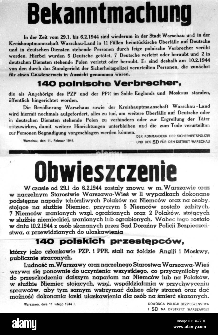 Eventi, Seconda guerra mondiale / seconda guerra mondiale, Polonia, occupazione tedesca, annuncio di un'esecuzione di massa, Varsavia, 11.2.1944, Foto Stock