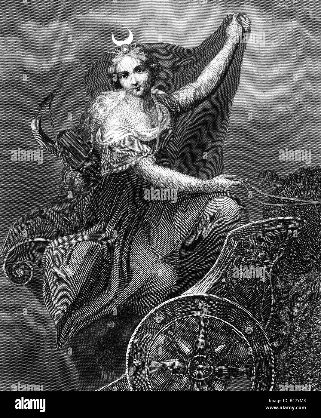 Diana, dea romana della caccia, sul suo carro, acciaio incisione di A. H. Payne, dopo un dipinto di Antonio Allegri da Correggio (1494 - 1534), a mezza lunghezza e artista del diritto d'autore non deve essere cancellata Foto Stock