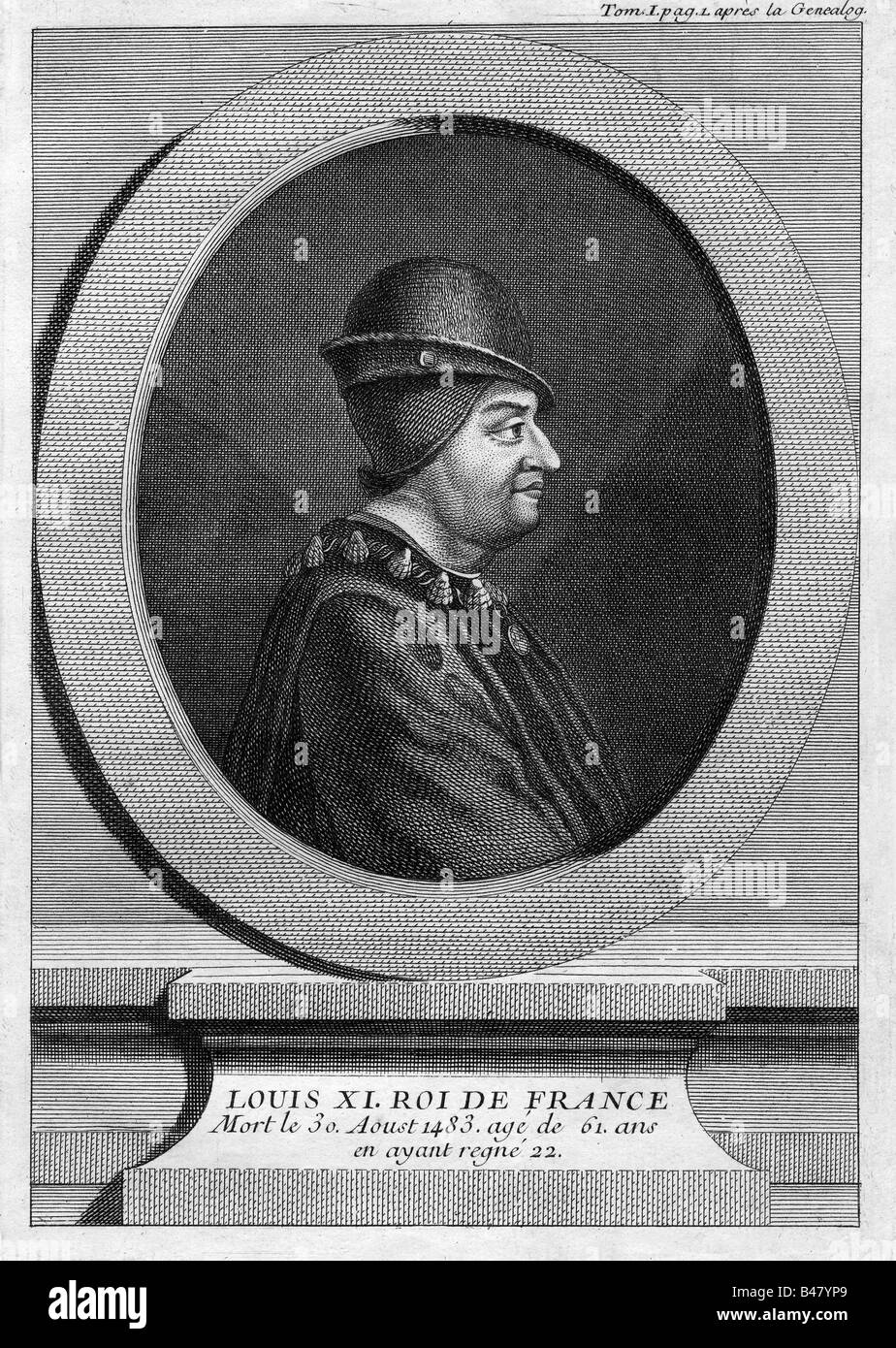 Luigi XI, 3.7.1423 - 30.8.1483, Re di Francia 22.7.1461 - 30.8.1483, ritratto, vista laterale, incisione del XVIII secolo, Valois, medioevo, XV secolo , artista del diritto d'autore non deve essere cancellata Foto Stock