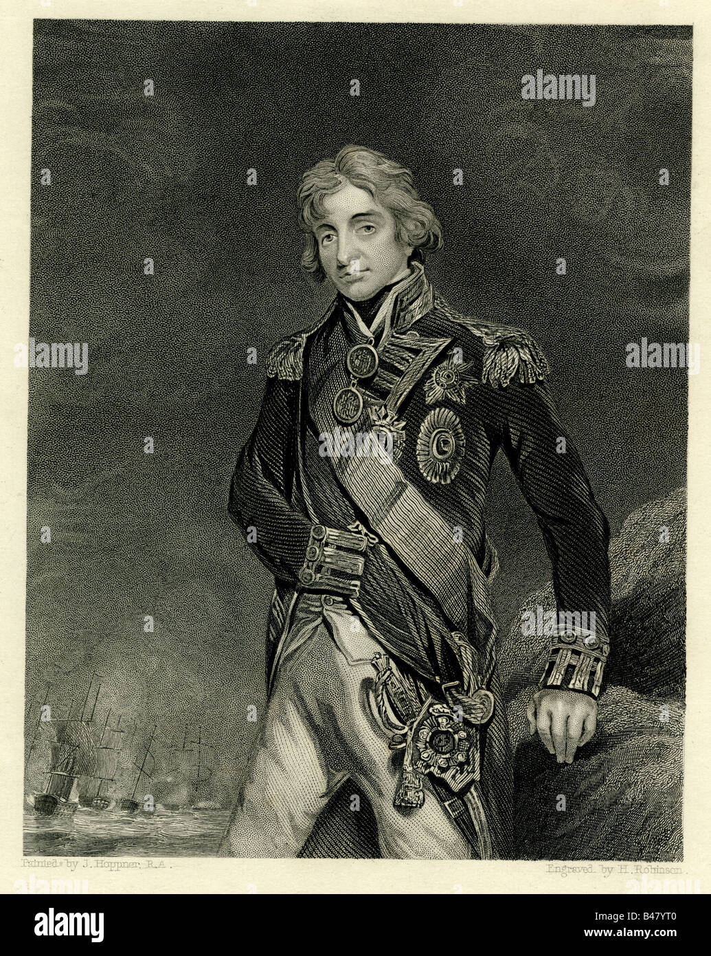 Nelson, Orazio, 29.9.1758 - 21.10.1805, Ammiraglio Inglese, a mezza lunghezza e incisione di H. Robinson dopo il disegno J. Hoppner, secolo XIX, Gran Bretagna, XVIII secolo, Royal Navy, naval officer, Sir, , artista del diritto d'autore non deve essere cancellata Foto Stock
