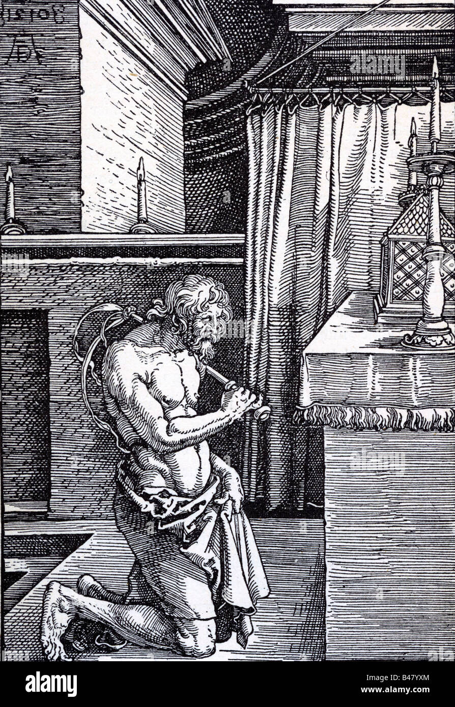 La religione, il cristianesimo, le sette, flagellants, egli stesso la fustigazione penitente, xilografia di Albrecht Dürer, 1510, artista del diritto d'autore non deve essere cancellata Foto Stock