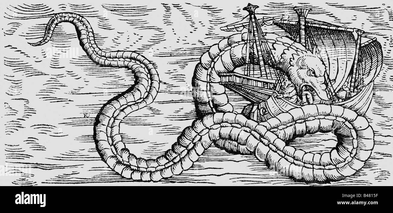 Superstizione, creature mitiche, 'serpente di mare', dopo la descrizione di Olaus Magnus, woodcut, 'Historia animalium' di Conrad Gesner, volume 4th, 'Piscium et aquatilium animantium natura', 1558, , Foto Stock
