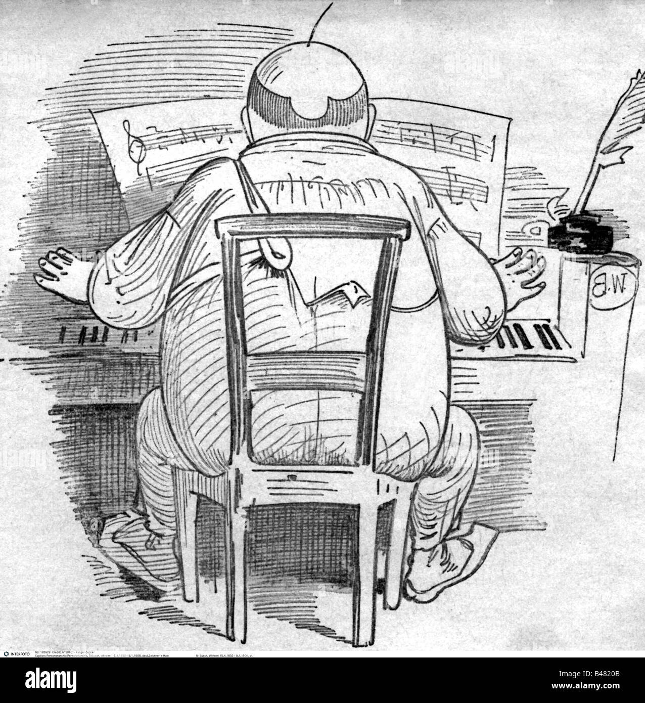 Busch, Wilhelm, 15.4.1832 - 9.1.1908, autore tedesco / scrittore e pittore, cassetto caricatura 'Der Kompositeur am Morgen' di Georg Kremplsetzer, disegno, artista del diritto d'autore non deve essere cancellata Foto Stock