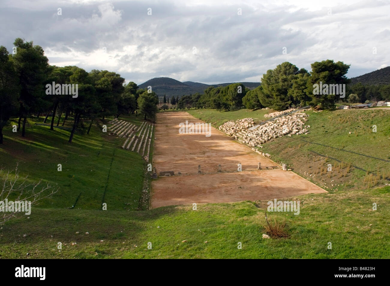 L'antico stadio di atletica a Epidauro, Grecia Foto Stock