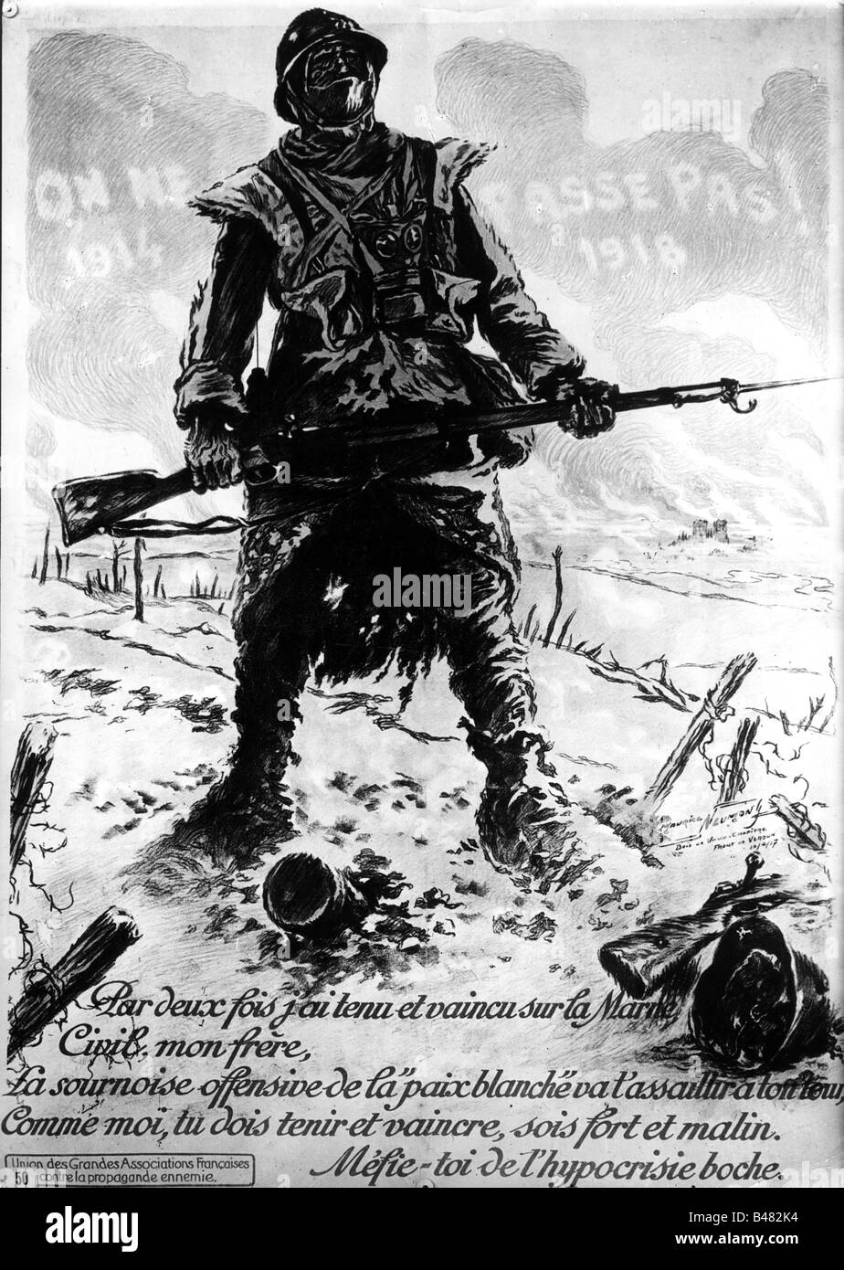 Eventi, Prima guerra mondiale / WWI, propaganda, soldato francese difendere la Marna 1914 - 1918, poster, basato su un disegno di Maurice Neunion, Verdun, Francia, 10.4.1917, Poilu, militare, arma, fucile, maschera a gas, uniforme, abito da battaglia, fermezza, fronte occidentale, 20th secolo, storico, storico, popolo, 1910s, Foto Stock