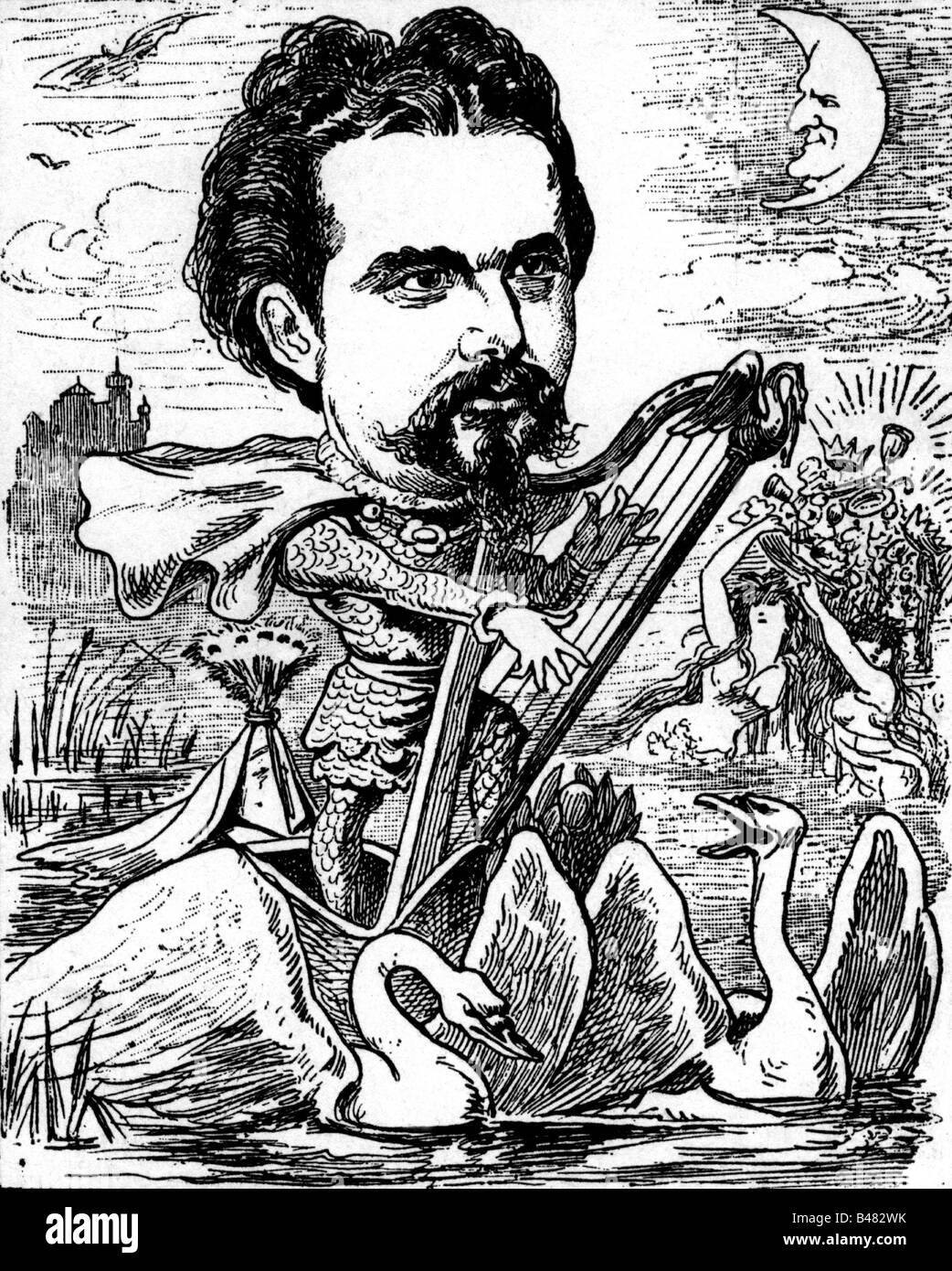 Ludwig II, 25.8.1845 - 13.6.1886, re di Baviera 10.3.1864 - 13.6.1886, mezza lunghezza, caricatura, come 're Lohengrin', da 'er Floh', Vienna, Austria, 1885, Foto Stock