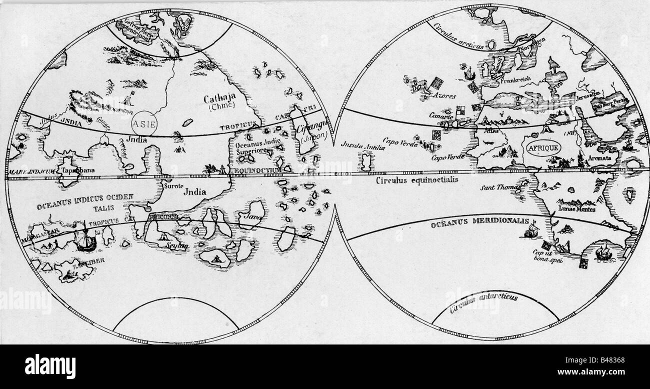 Cartoraphy, mappe del mondo, mappa dopo globo di Martin Behaim, 1492, Foto Stock