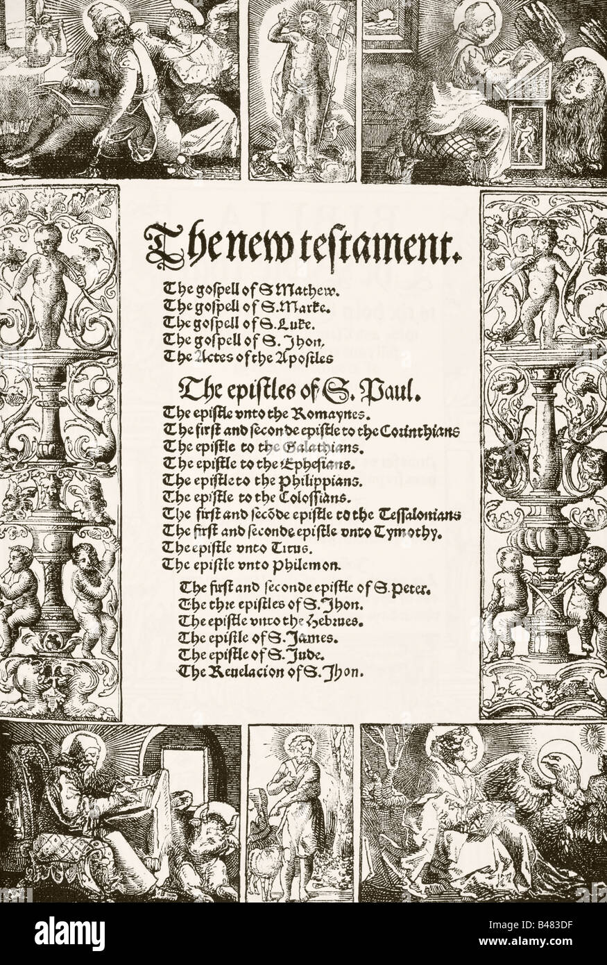 Pagina del titolo del nuovo Testamento di William Tyndale, stampato 1530. Foto Stock