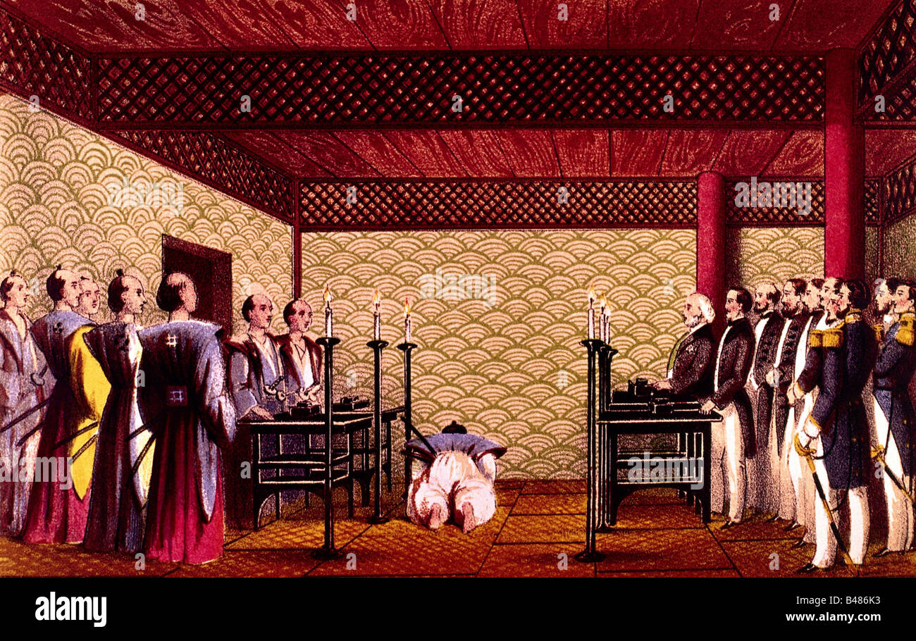 Geografia / viaggio, Giappone, politica, contratto con la Gran Bretagna, litografia di Hanhart dopo la pittura di Bedwell, 1859, Foto Stock