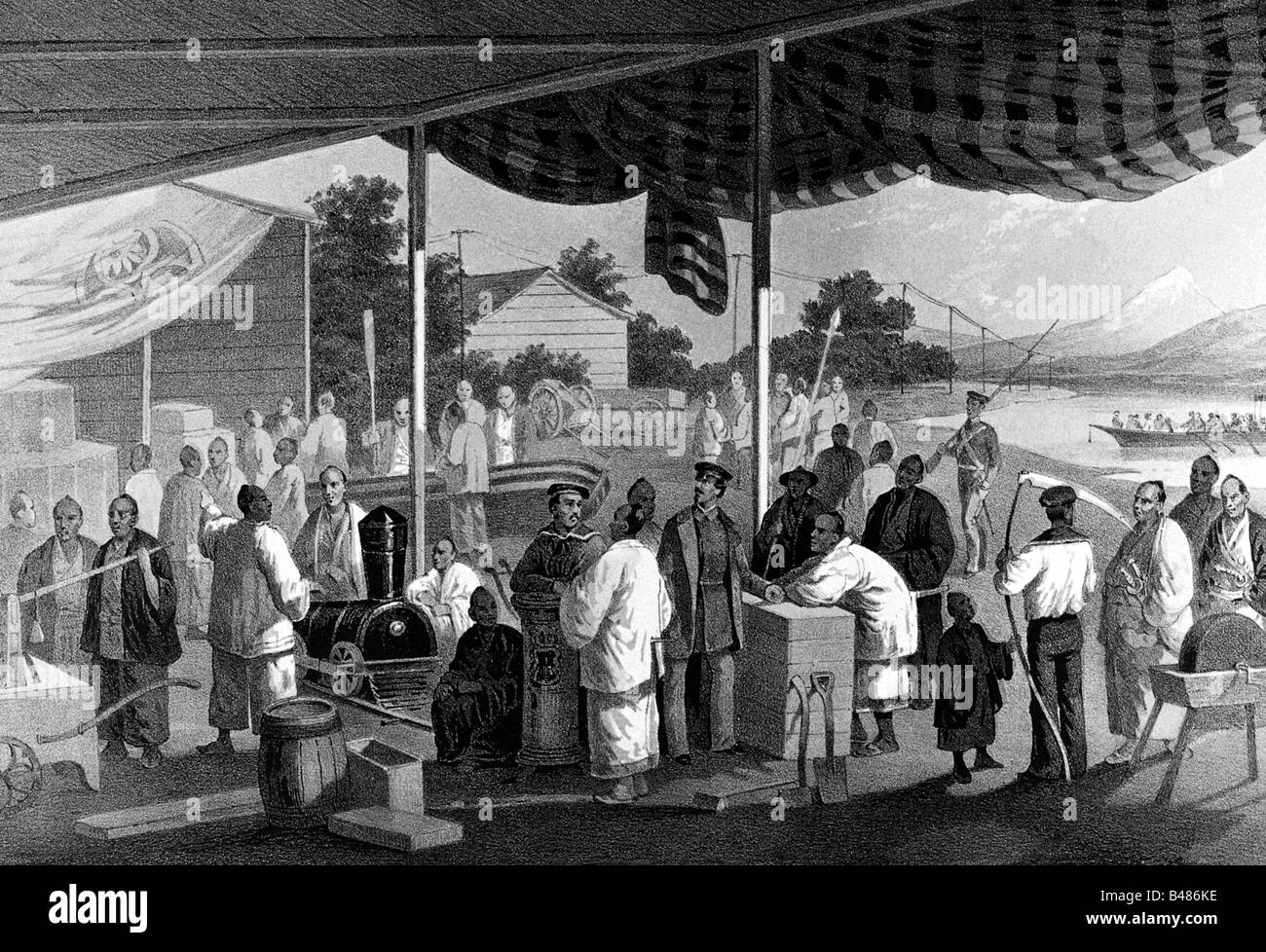 Geografia / viaggio, Giappone, politica, Secondo sbarco degli americani, dono di regali, Yokohama, 8.3.1854, Foto Stock