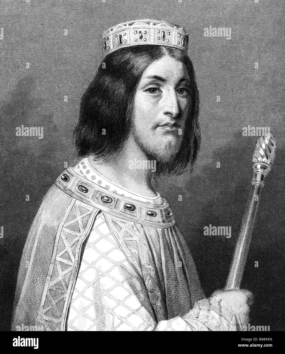 Dagobert II, 652 - 23.12.679, re frankish - 656/657 e 660/661 poiché 676, a mezza lunghezza e immagine storica, acciaio incisione, dopo un dipinto di Emile, artista del diritto d'autore non deve essere cancellata Foto Stock