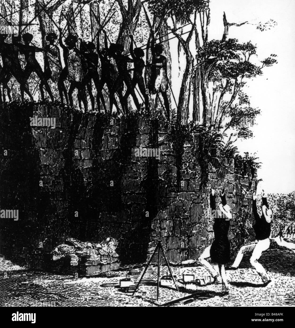 Darwin, Charles Robert, 12.2.1809 - 19.4.1882, naturalista britannico, due ufficiali della nave esplorante 'Beagle' essendo costretti dagli aborigeni a fare una danza di benvenuto, Australia, 1831, Foto Stock