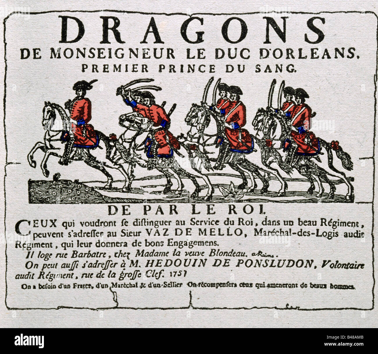 Militare, Francia, reclutamento, manifesto del reggimento di dragoni Orleans, 1757, Foto Stock