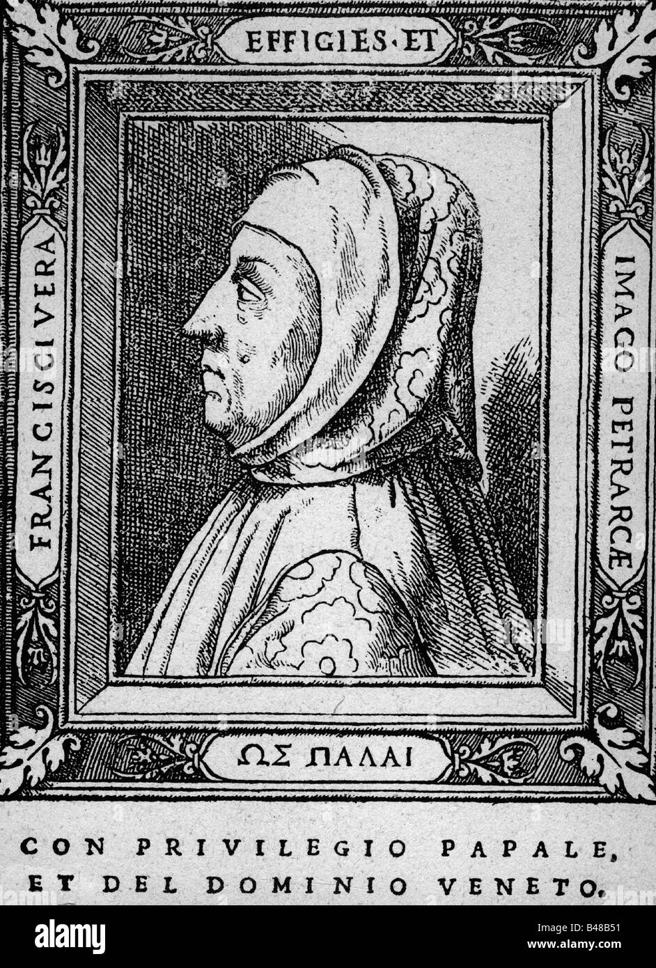 Petrarca, ( Petrarca, Francesco ), 20.7.1304 - 19.7.1374, umanista italiano, autore, poeta, studioso, ritratto, profilo, legno tagliato, copertina del suo lavoro, letteratura italiana Italia, , Foto Stock