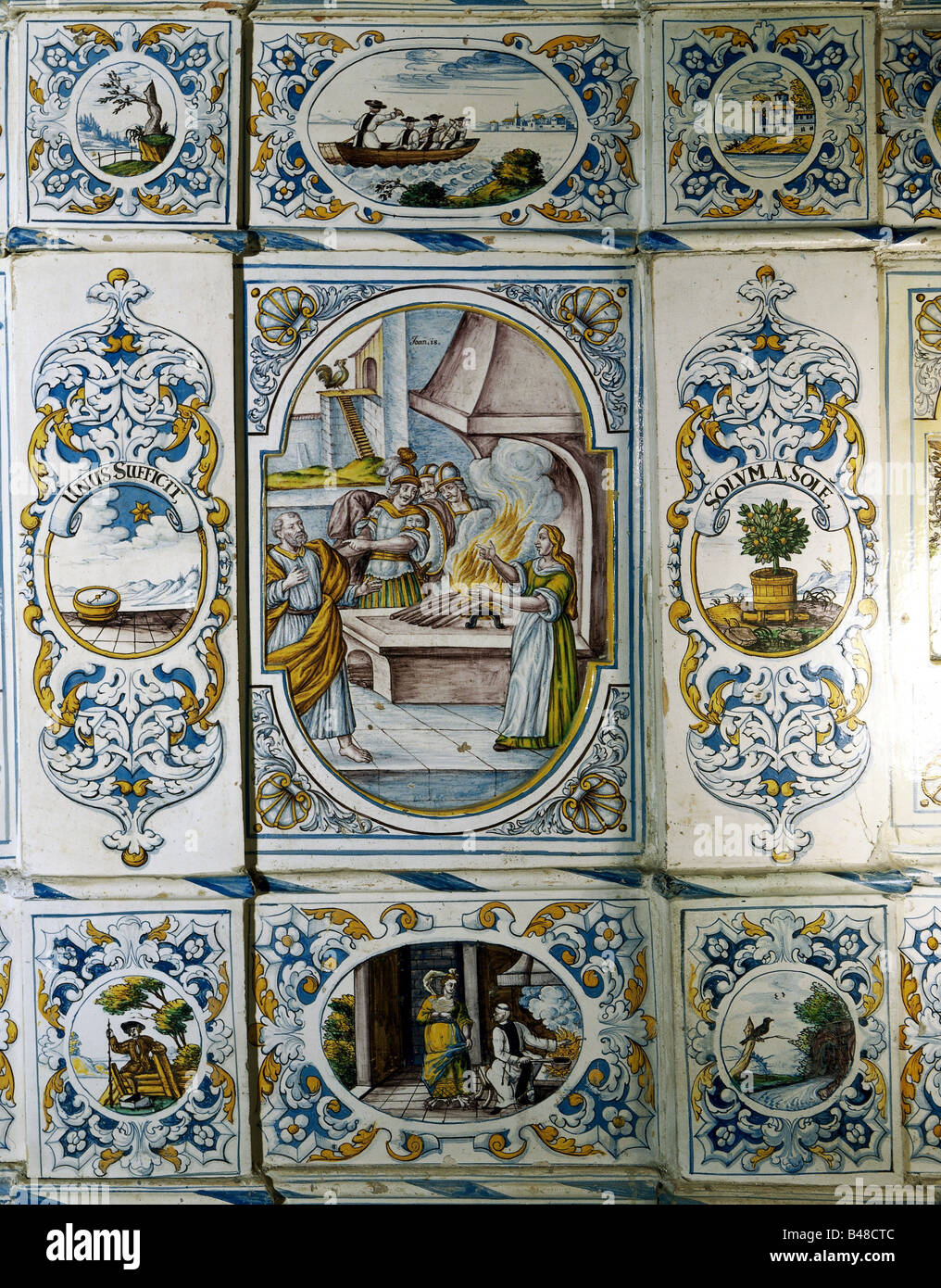 Arredamento, stufe, stufa di faience, piastrelle smaltate di Mayer, Seckboren, 1733, Foto Stock