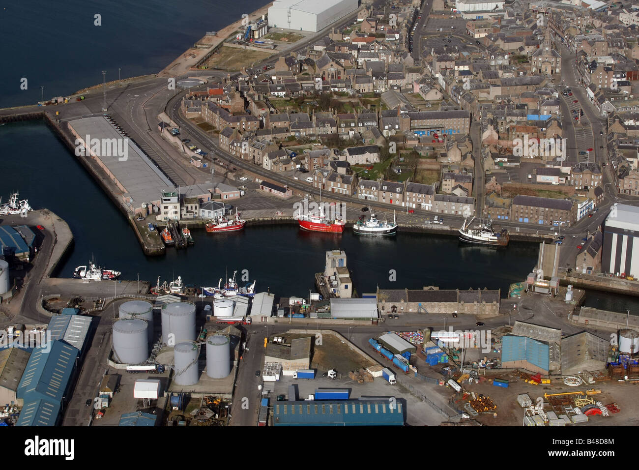 Fotografia aerea del porto di pesca di Peterhead, Aberdeenshire, Scotland, Regno Unito Foto Stock