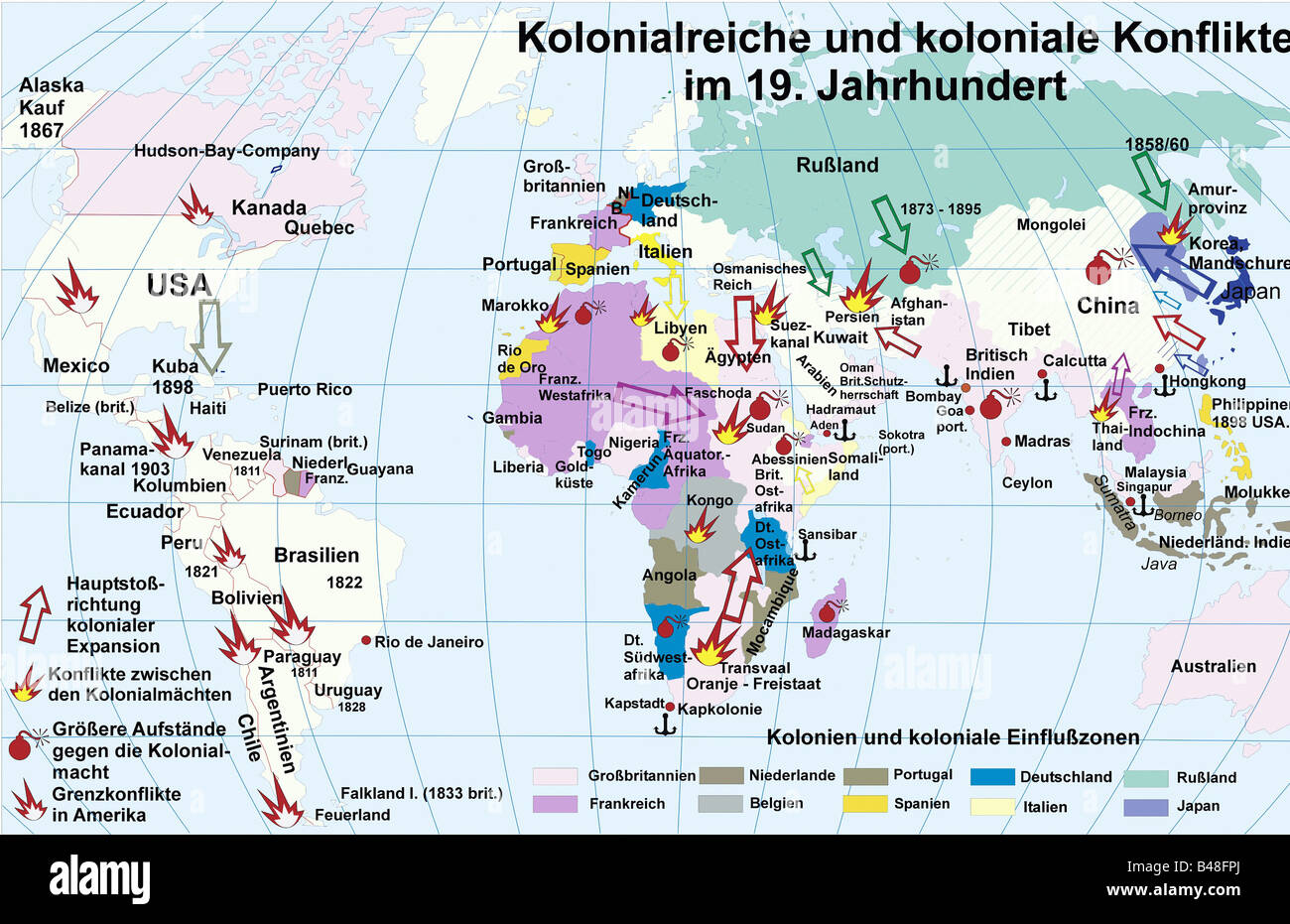 Cartografia, mappe storiche, tempi moderni, imperi coloniali e conflitti coloniali nel 19th secolo, storico, storico, colonialismo, Inghilterra, Gran Bretagna, Francia, Paesi Bassi, Spagna, Portogallo, Belgio, Russia, Italia, Germania, Giappone, Europa, America, Africa, Asia, Australia, Hudson Bay Company, Messico, USA, Cuba, Carribean, Perù, Sud America, Brasile, Argentinia, Paraguay, confine, conflitto Africa Occidentale Francese, Fadoscha, Egitto, Sudafrica, Congo, India, Indonesia, Cina, Filippine, Mappa Del Mondo, Ceam, Foto Stock