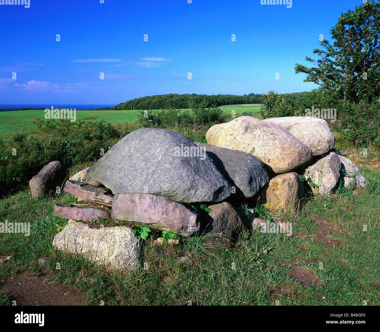 EON, architettura, Passage grave, circa 3500 - 1800 AC, Wittow, Island Rügen, Mecklenburg-Vorpommern, Germania, luogo di sepoltura, tomba, vichingo, Vinkings, età della pietra, storico, storico, neolitico, pietra, religione, culto della morte, Ruegen, Rugen, Foto Stock