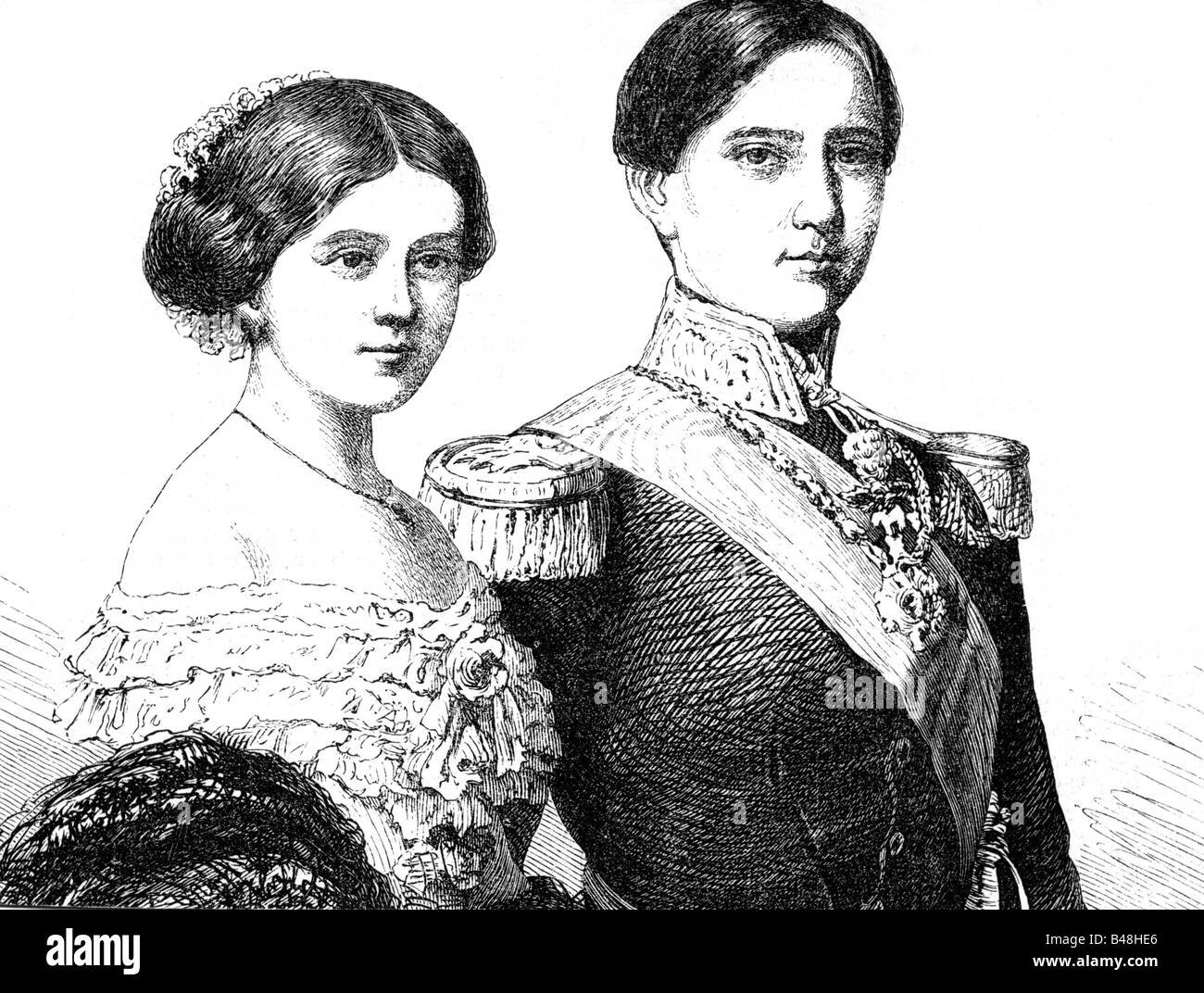 Pedro V, 16.9.1837 - 11.11.1861, Re del Portogallo 15.11.1853 - 11.11.1861, con moglie Regina Stephanie, incisione in legno, 19th secolo, , Foto Stock