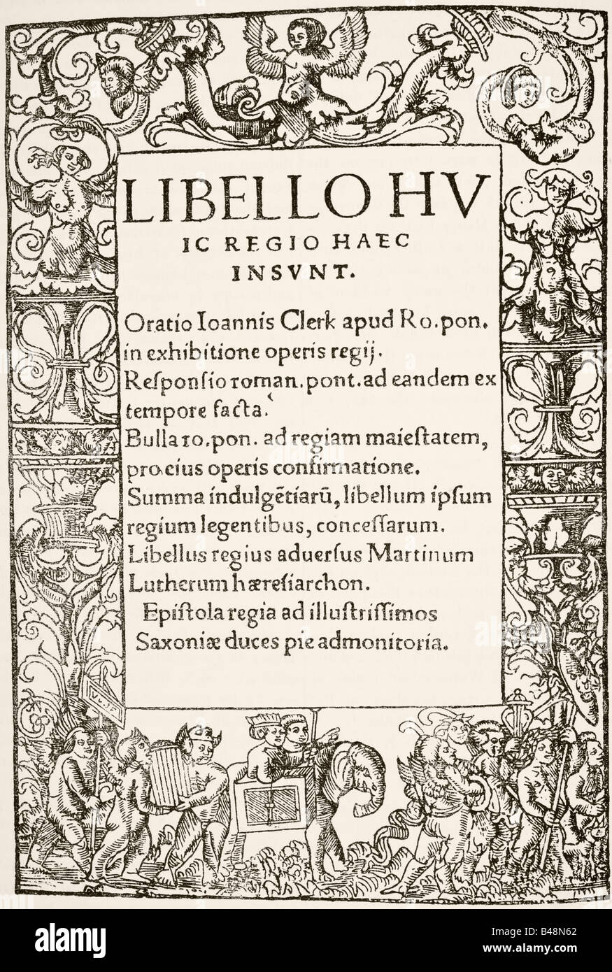 Pagina del titolo della difesa dei sette Sacramenti del re Enrico VIII, stampata da Richard Pynson, 1521. Foto Stock