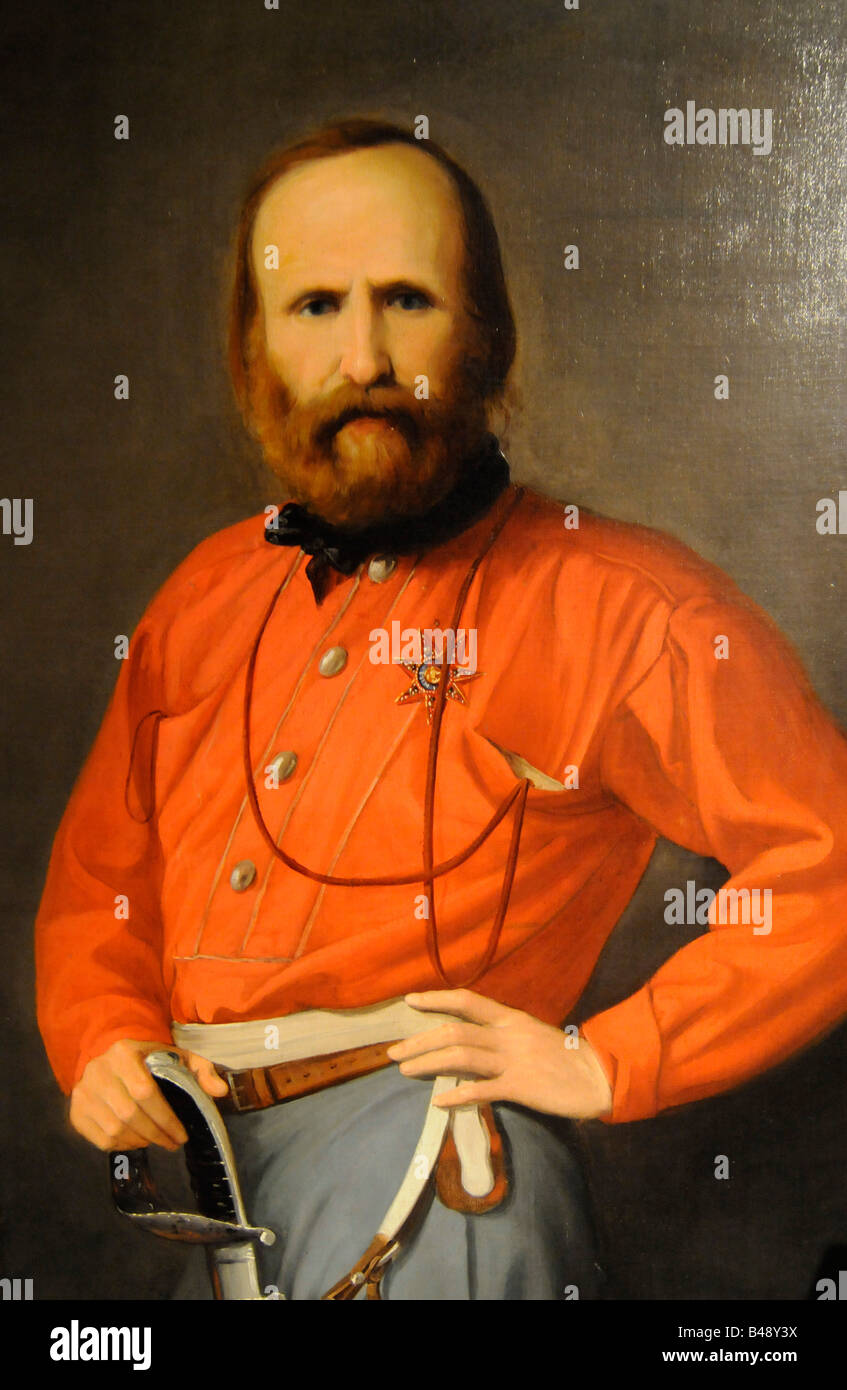 Ritratto del patriota italiano ed eroe rivoluzionario Giuseppe Garibaldi, in un dipinto conservato nel museo storico di Bergamo, Italia Foto Stock