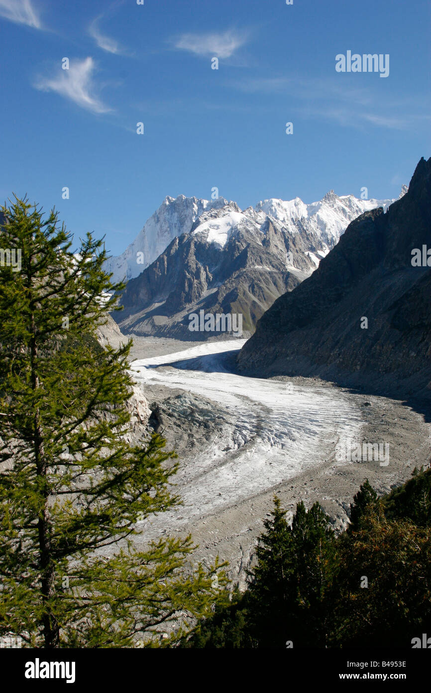 La Mer de Glace glacier visto da Montenvers vicino a Chamonix Mont Blanc, sulle alpi francesi. Foto Stock