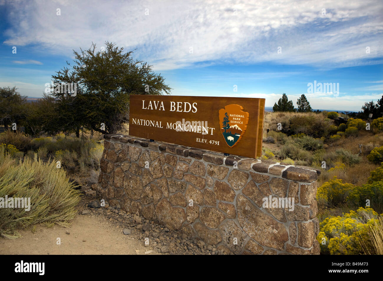Parco nazionale di segno di servizio per letti di Lava monumento nazionale, all'vistior del centro, California Foto Stock