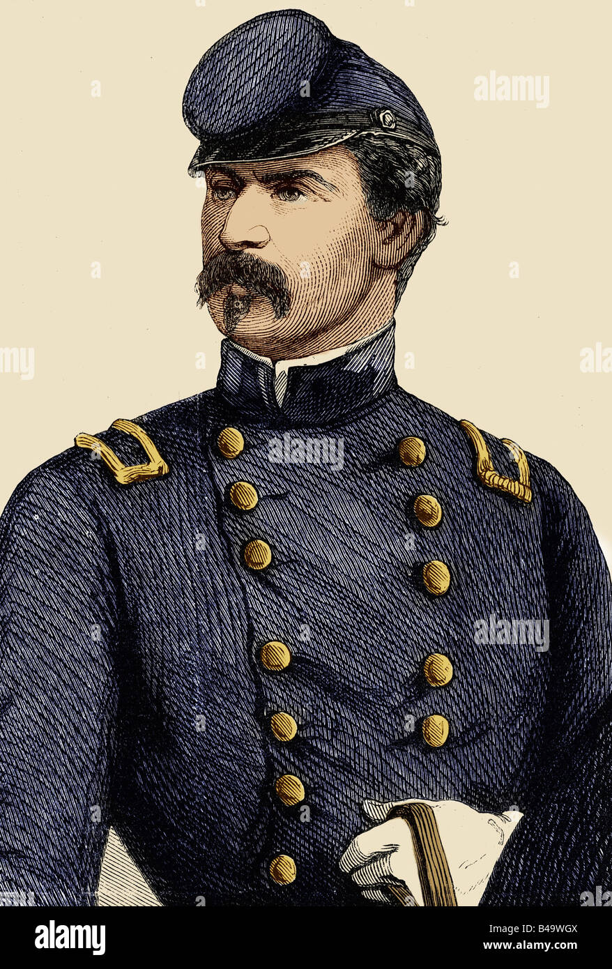 McClellan, George B., 3.12.1826 - 19.10.1885, Generale Americano, Comandante Armata del Potomac 26.7.1861 - 5.11.1862, ritratto, incisione, 19th secolo, successivamente colorato, Foto Stock