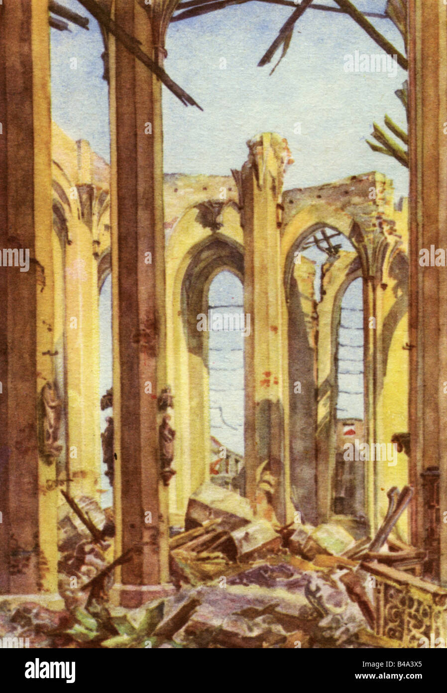 Geografia / viaggio, Germania, Monaco, periodo postbellico, chiese, Frauenkirche, navata e navata meridionale, vista interna, distrutto: 1944, stampa, dopo acquerello di Gebhard Reitz, 1946, Pubblicazione autorizzata da US Army, belle arti, chiesa, cattedrale, rovina, resti, bombardato, II, 2nd, Seconda guerra mondiale, distruzione, detriti, colore dell'acqua, storico, storico, 1940s, 40s, 20th secolo, Foto Stock