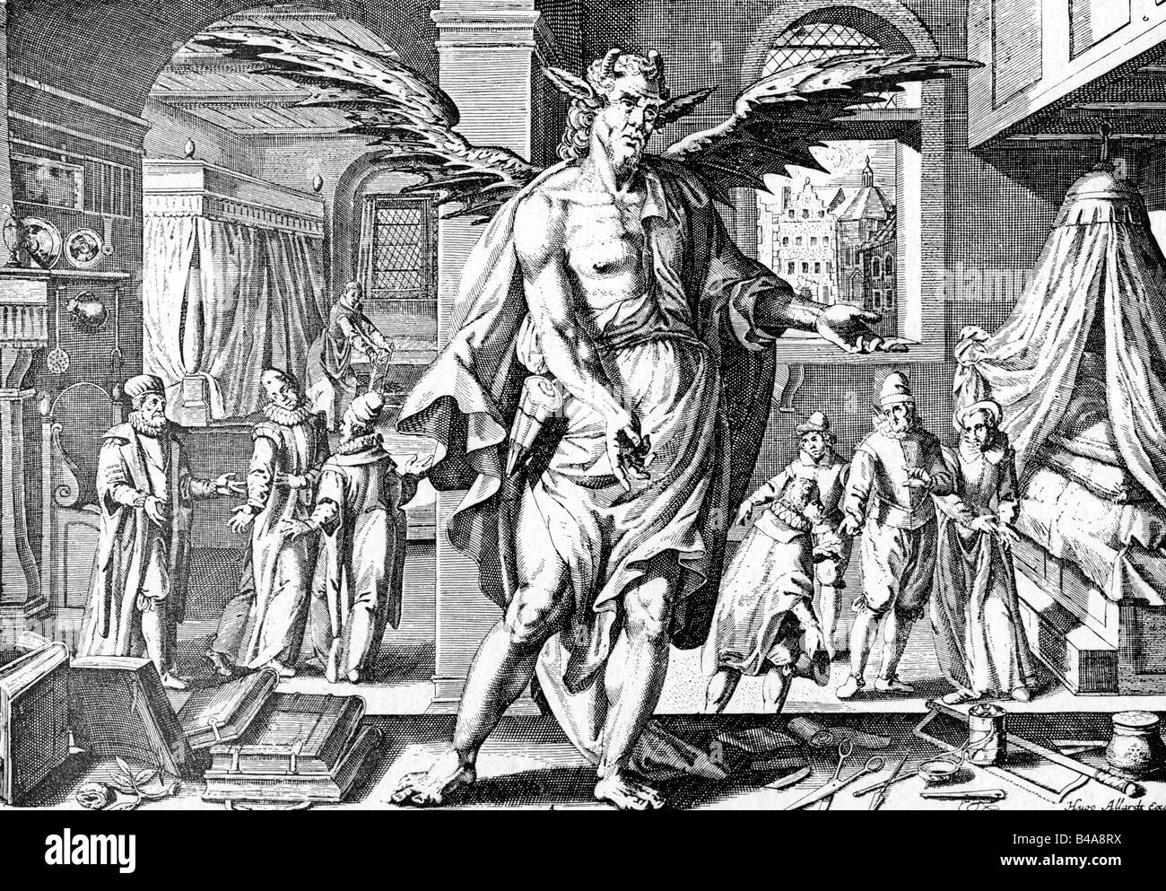 Medicina, medici, allegoria, 'il medico come diavolo', cpper incisione di Hugo Allardt dopo Johann Geller, 17th secolo, , Foto Stock