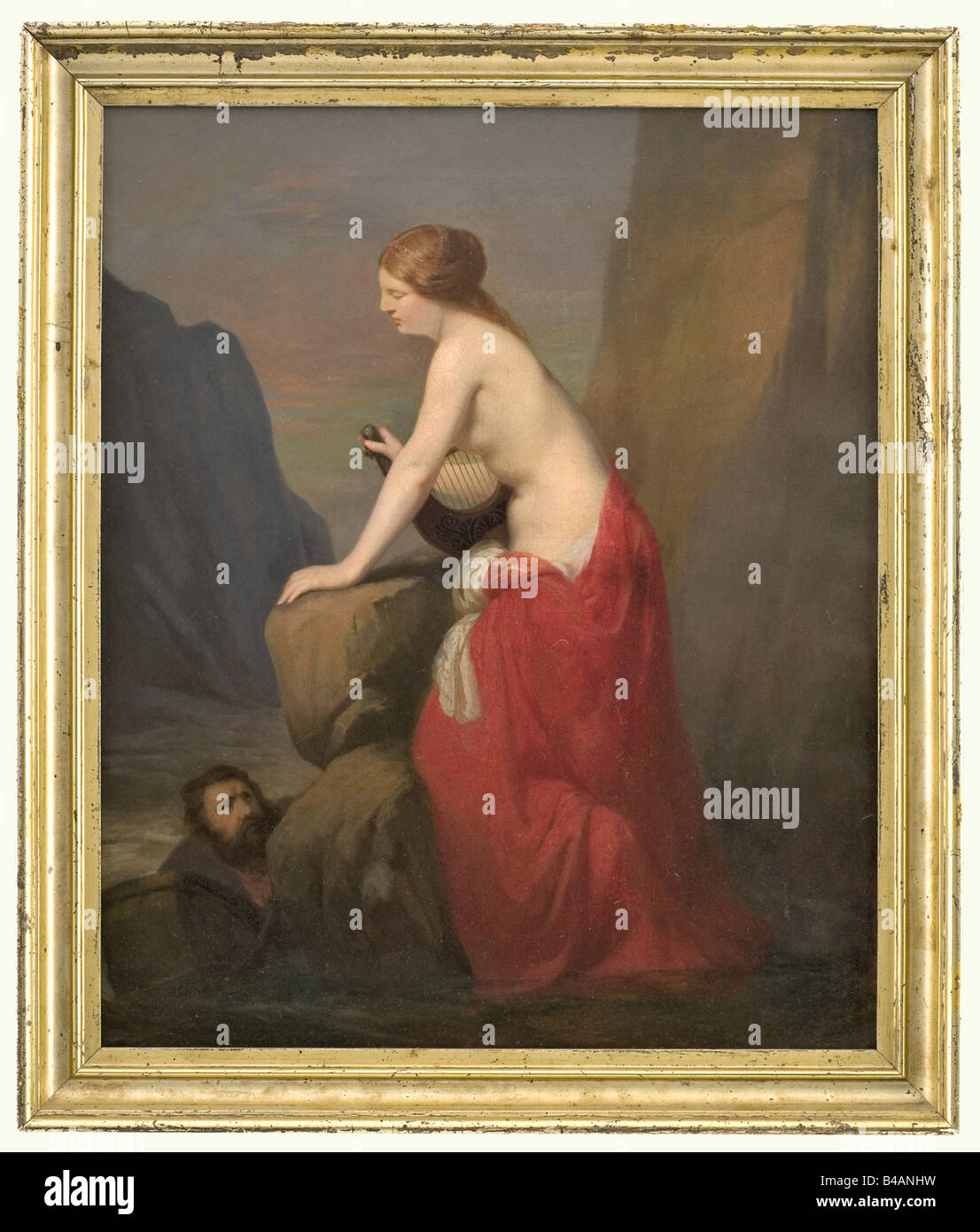 Carl Suhrlandt (1828 - 1919) - Lorelei, firmata e datata 1856. Olio su tela. Nel centro del dipinto Lorelei strappato alla vita con una lira e un accappatoio avvolto intorno la sua vita in una scogliera panorama, sulla sinistra un mariner salendo fino a lei. Firmato e datato in basso a sinistra. Superficie leggermente crackled, in un rivestimento dorato telaio. Dimensioni dell'immagine 50 x 62 cm, incorniciato 59 x 70 cm. Suhrlandt proveniva dalla Baviera superiore, era uno studente di Scheffer a Parigi e membro delle accademie in Kopenhagen e San Pietroburgo. Dopo lunghi soggiorni all'estero egli stabilì i, artista del diritto d'autore non deve essere cancellata Foto Stock