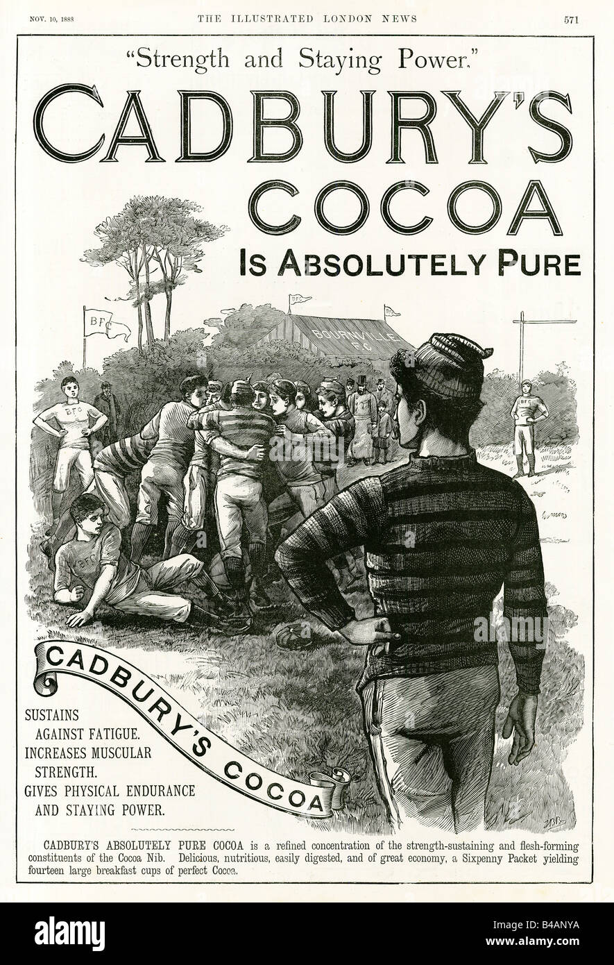 Cadburys cacao Rugby 1888 annuncio pubblicitario per la bevanda con forza e tenacia Bourneville FC a giocare Foto Stock