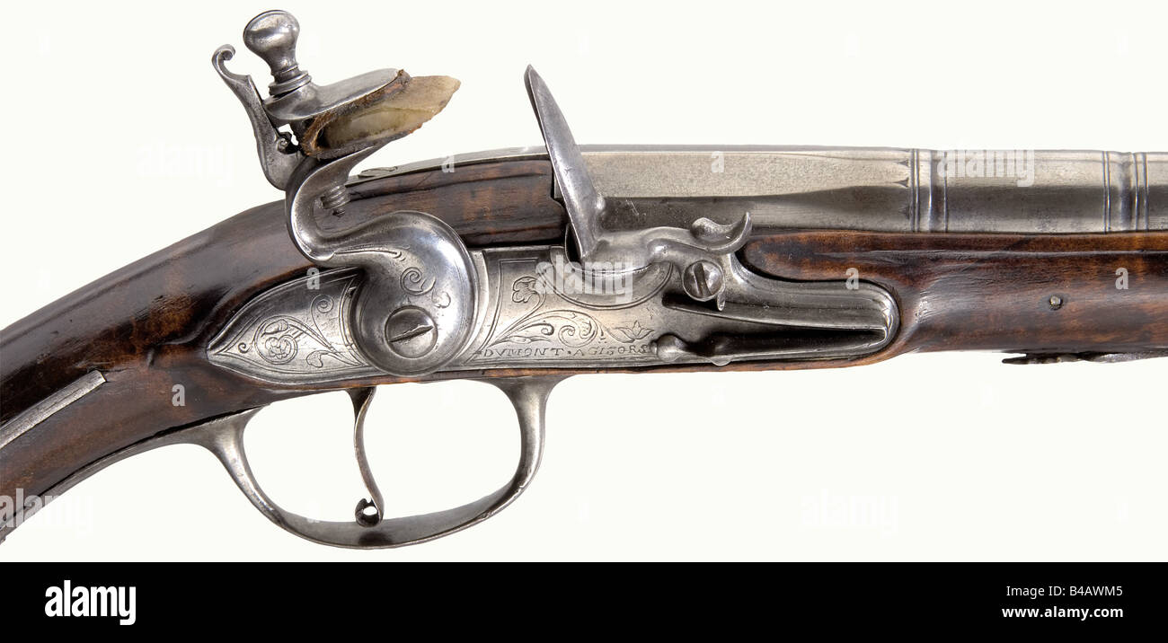 Un paio di pistole flintlock, Dumont à Gisors (Normandia), circa 1700. Canne a due stadi con sezioni di culatta ottagonali e fori lisci in calibro di 13 mm. Lockplas mostra l'incisione della vite, firmato 'à Gisors'. Scorte di noce. Mobili in ferro liscio con piastre laterali di lavoro tagliate e aperte. ramrodi di legno. Lunghezza di ogni 50 cm. Storico, storico, 18th secolo, pistola civile, pistole civili, palmare, pistola, armi da fuoco, arma da fuoco, armi da fuoco, armi da fuoco, armi da fuoco, armi, arma, braccio, oggetto, oggetti, alambicchi, clippings, taglio, taglio, taglio, Foto Stock