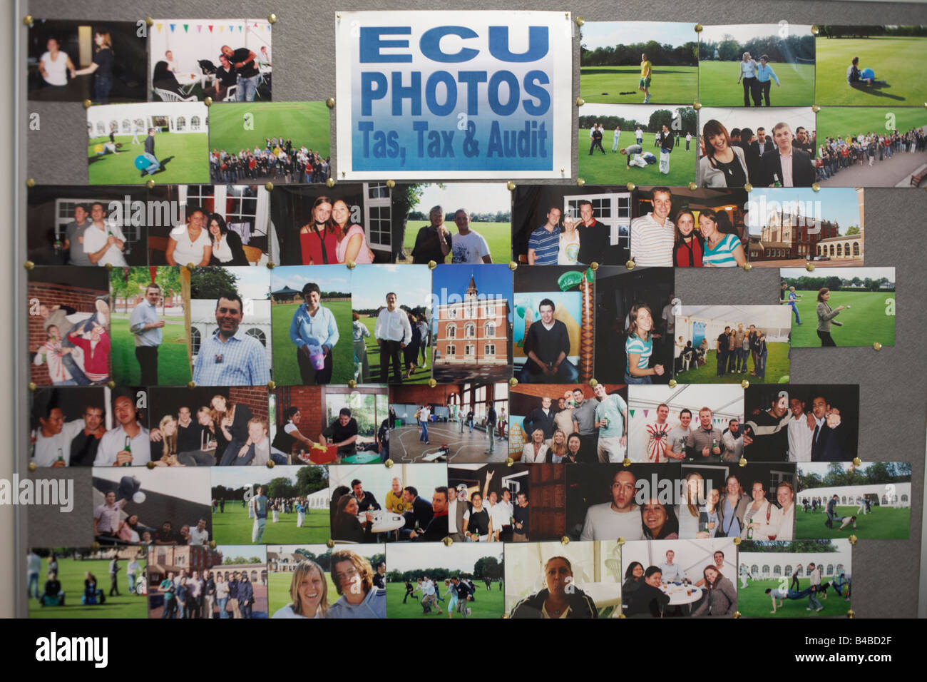 I colleghi di lavoro e degli amici e la visualizzazione di foto su una scheda in una società di auditing la sede centrale europea Foto Stock