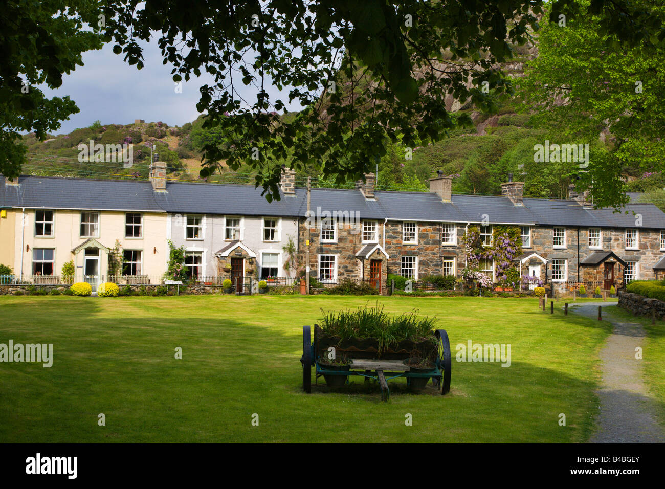 Verde e cottages Beddgelert Snowdonia nel Galles Foto Stock