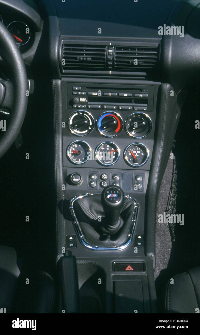Auto BMW M Roadster, cabriolet, modello anno 1996-, blu, open top, vista dettagliata, Console, circuito, leva del cambio Foto Stock
