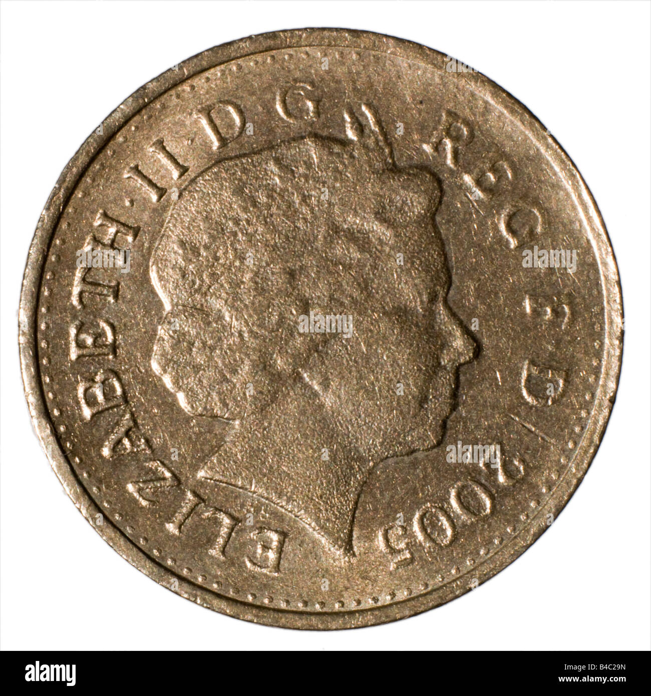 Contraffazione di 2005 £ 1 una libbra di moneta che mostra scarsa definizione e superficie ruvida Foto Stock