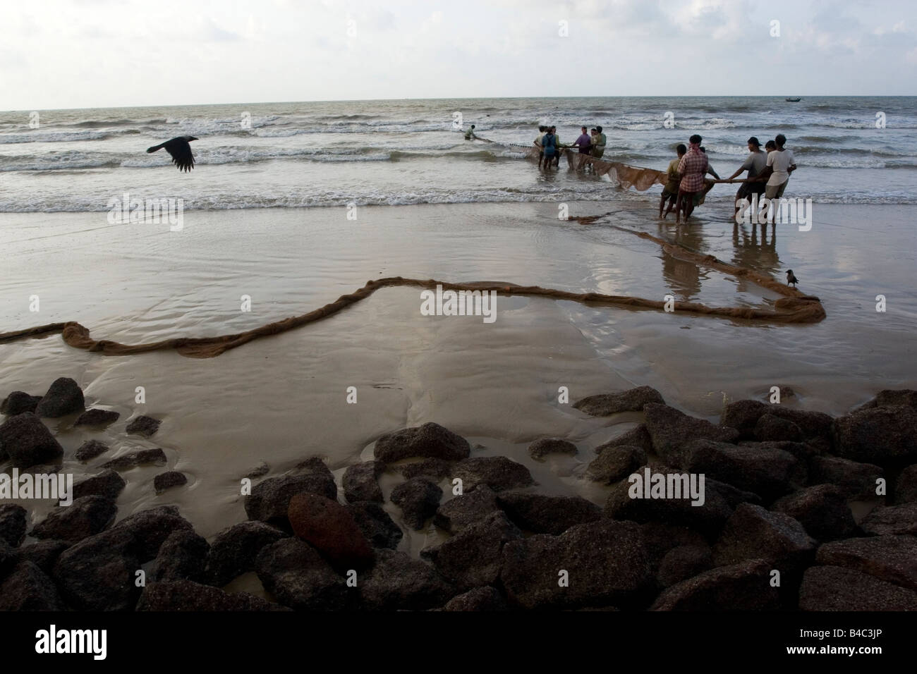 Un pescatore impegnato in attività di pesca a Digha,West Bengal,l'India Foto Stock