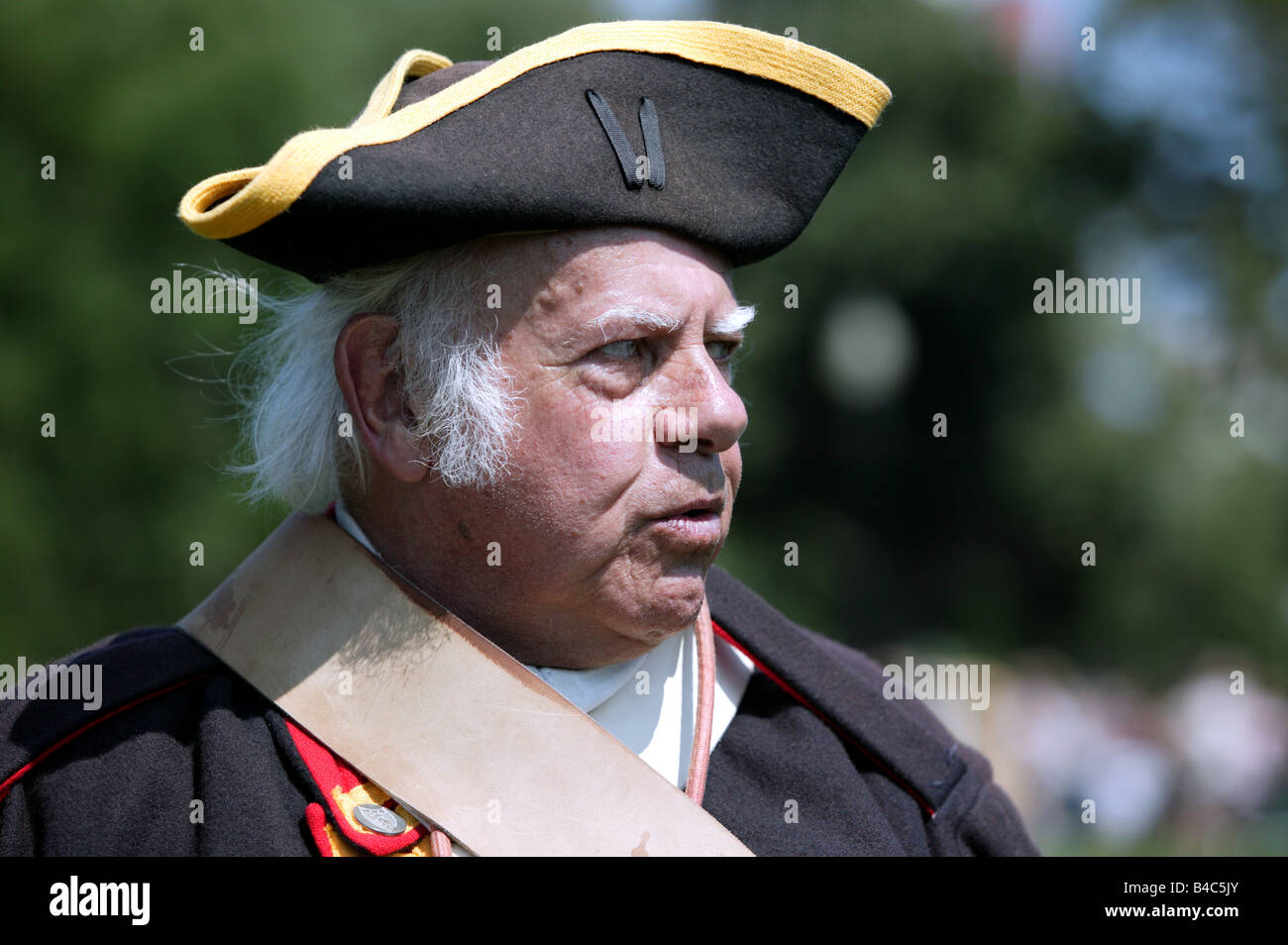 Close-up di un Britannico Red Coat, prelevati durante una rievocazione storica weekend su Boston Common Foto Stock