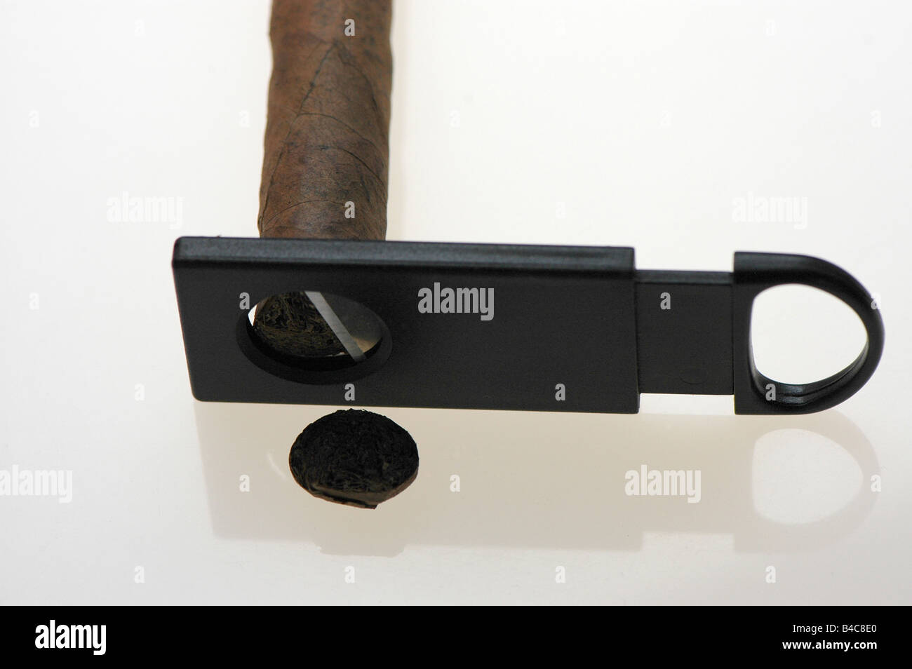 Un sigaro che ha la sua estremità tagliate con un coltello da caccia Foto Stock